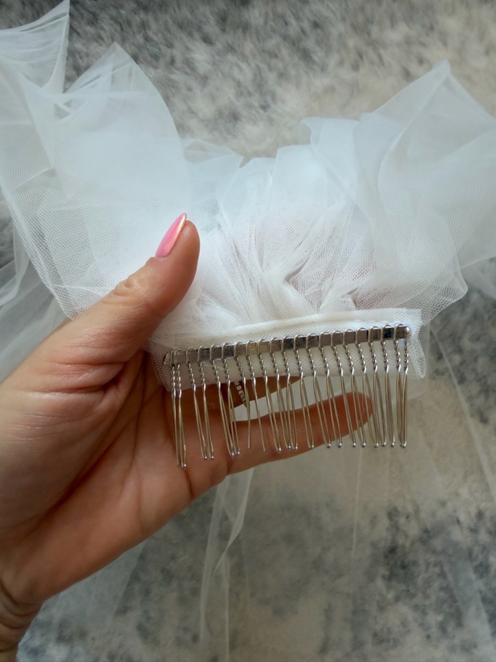 Ivory Fingertip Wedding Veil with Blusher - Picture 6 of 13